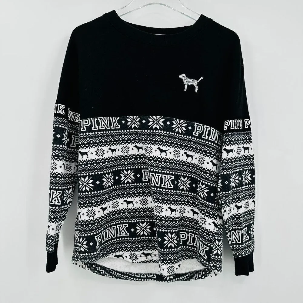 VS PINK Size XS Black & White Sequin Embellished Winter Pullover Sweatshirt